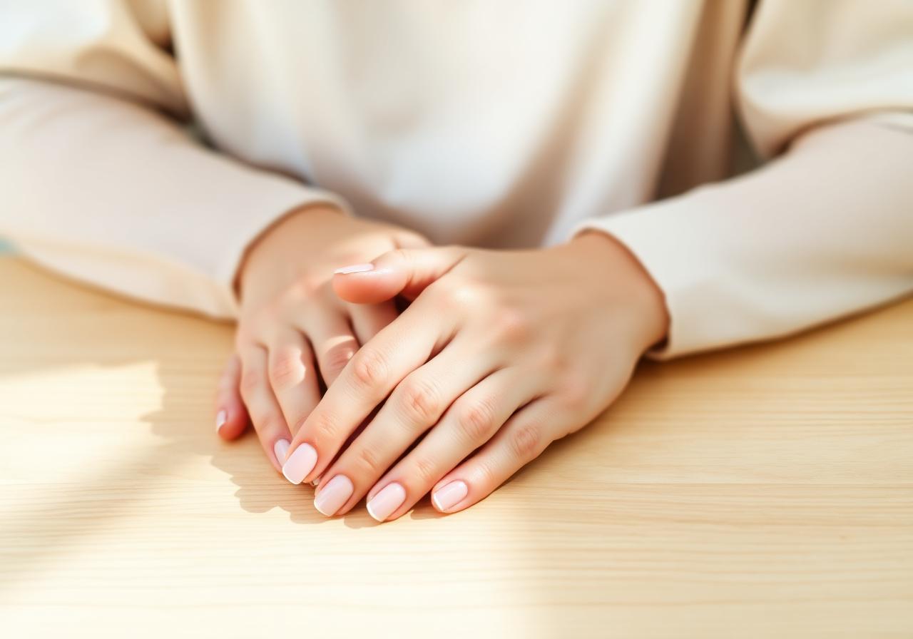 Calm hands resting on a wooden table